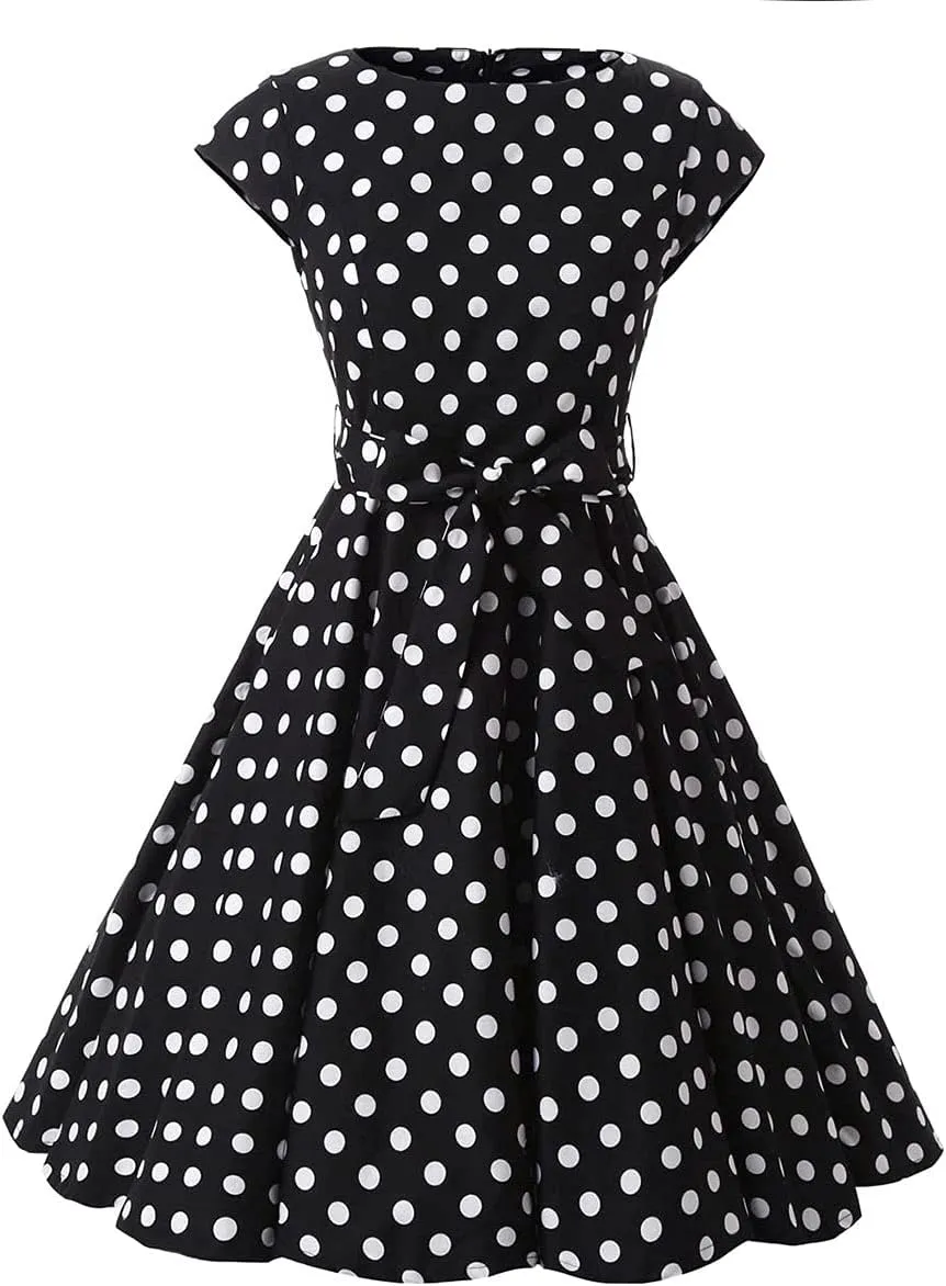 1950s Dresses for Women Vintage Sleeveless Floral/Polka Dot Swing A Line Midi Summer Dress Cocktail Party Prom Gown