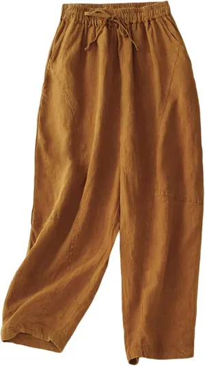 2025 Trendy Women's Embroidered Linen Pants - Solid Color Elastic Waist Casual Long Trousers with Floral Pattern