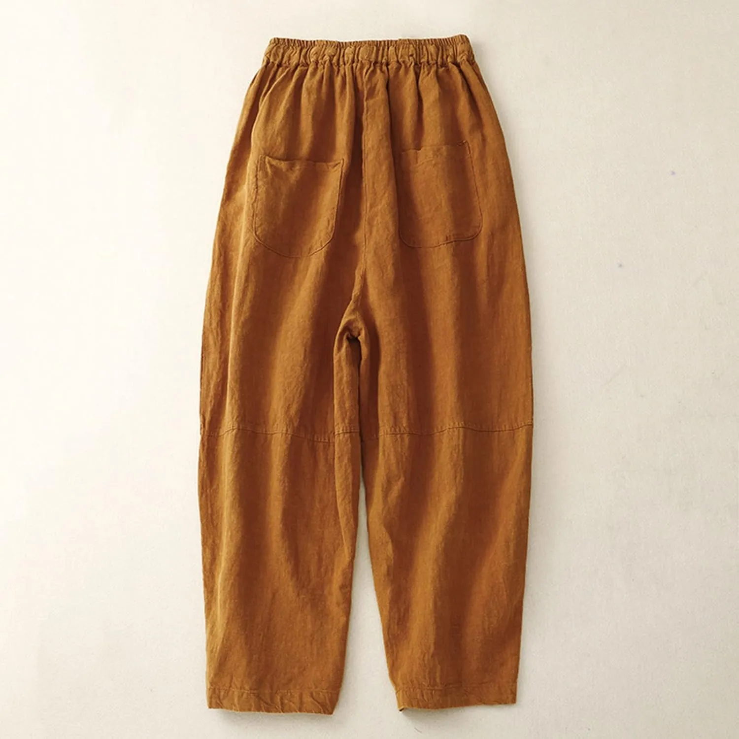 2025 Trendy Women's Embroidered Linen Pants - Solid Color Elastic Waist Casual Long Trousers with Floral Pattern