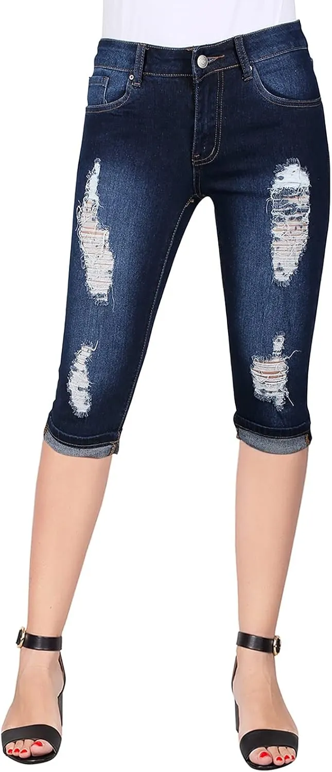 2LUV Women's Stretchy 5 Pocket Skinny Mid Rise Capri Ripped Denim Jeans