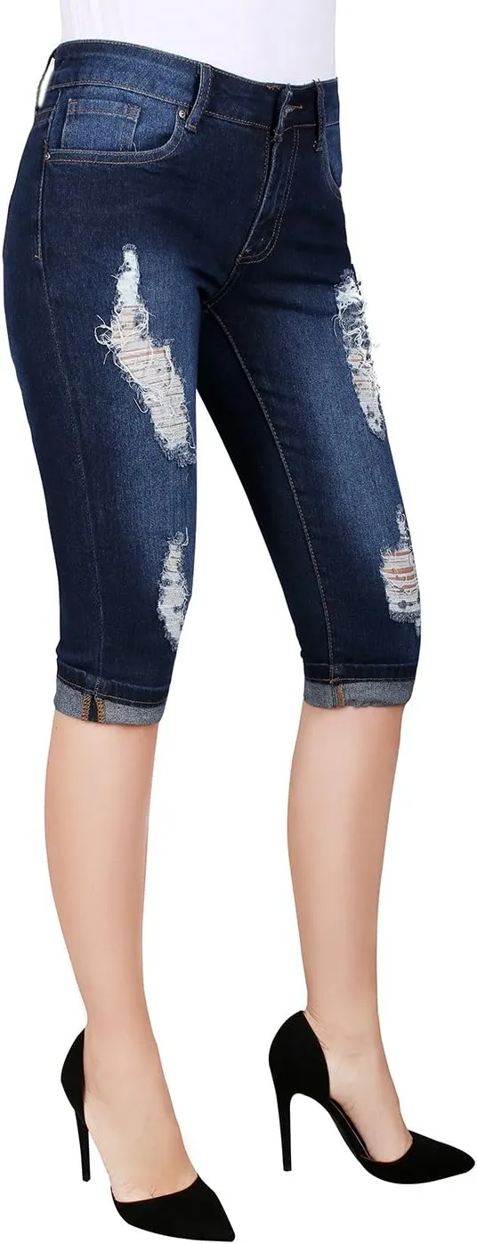 2LUV Women's Stretchy 5 Pocket Skinny Mid Rise Capri Ripped Denim Jeans