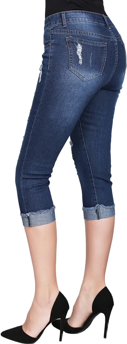 2LUV Women's Stretchy 5 Pocket Skinny Mid Rise Capri Ripped Denim Jeans
