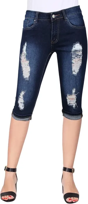 2LUV Women's Stretchy 5 Pocket Skinny Mid Rise Capri Ripped Denim Jeans