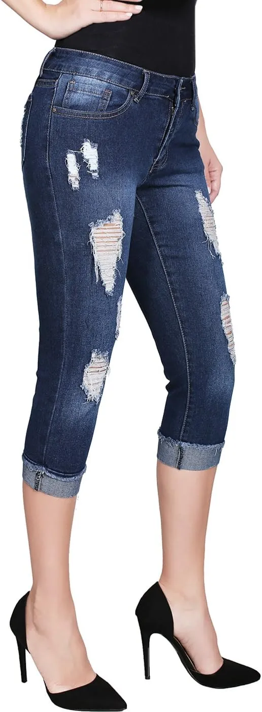 2LUV Women's Stretchy 5 Pocket Skinny Mid Rise Capri Ripped Denim Jeans