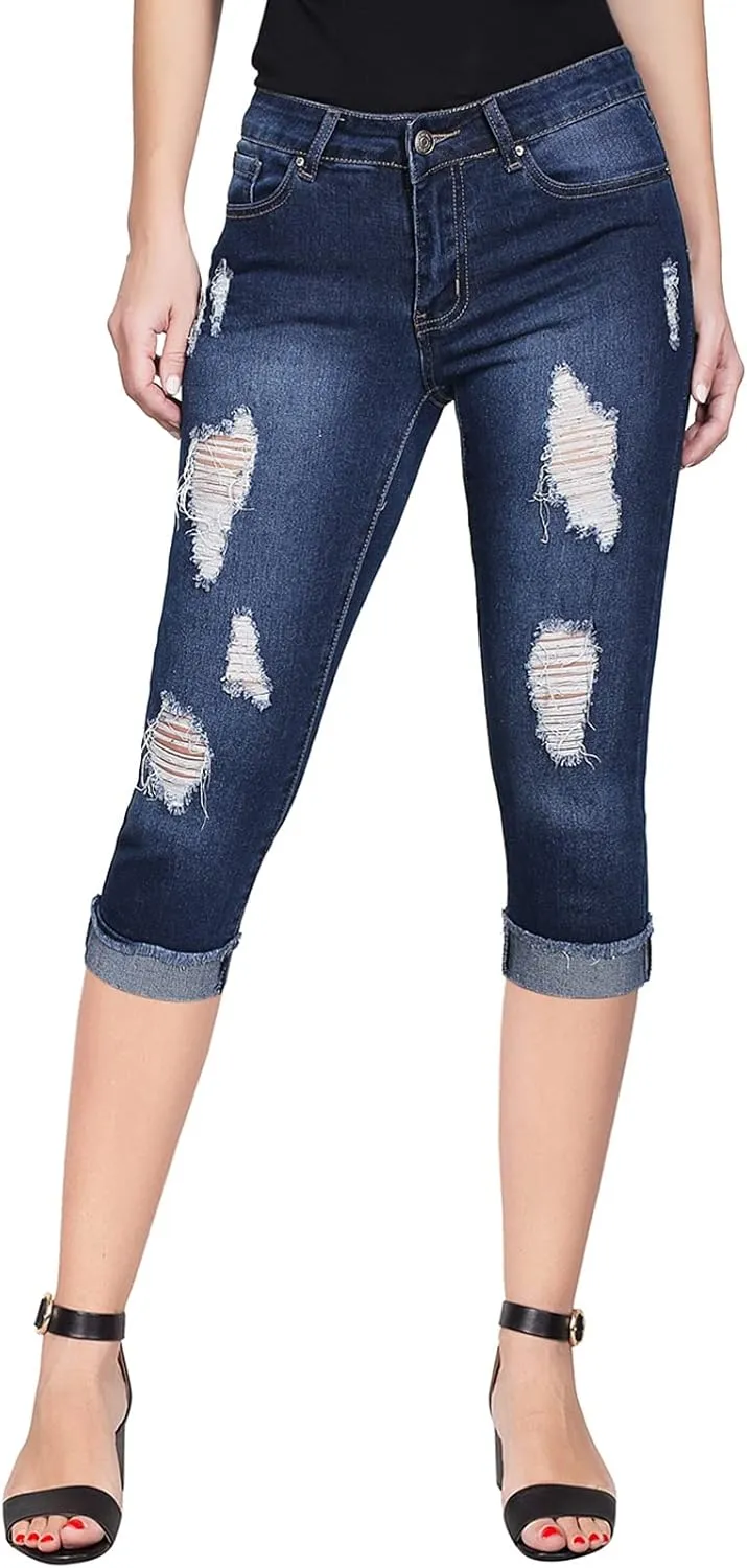 2LUV Women's Stretchy 5 Pocket Skinny Mid Rise Capri Ripped Denim Jeans
