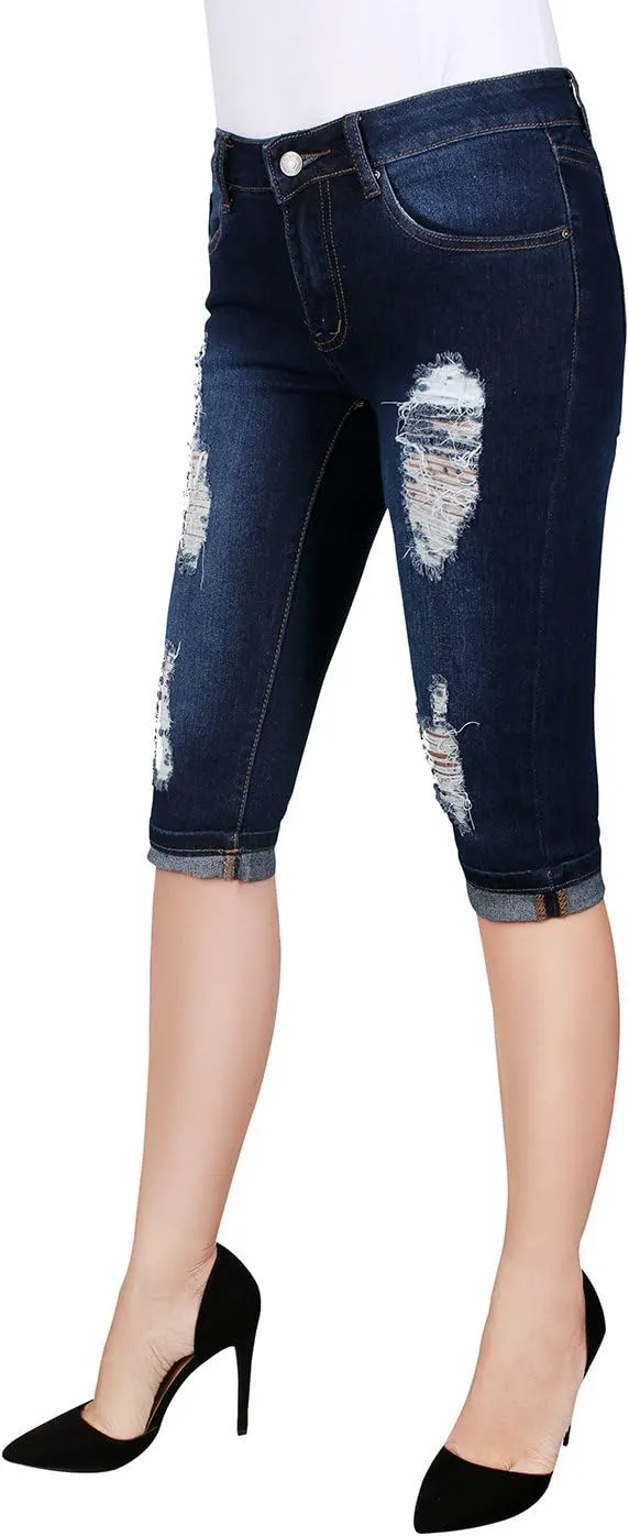2LUV Women's Stretchy 5 Pocket Skinny Mid Rise Capri Ripped Denim Jeans