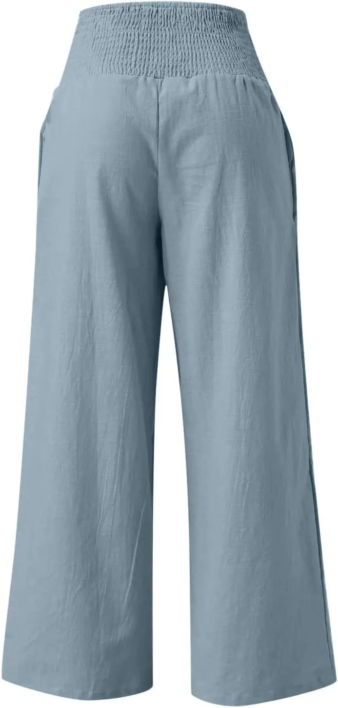 4th of July Wide Leg Pants for Women Patriotic Elastic Waist Independence Day Red White and Blue Pants with Pockets