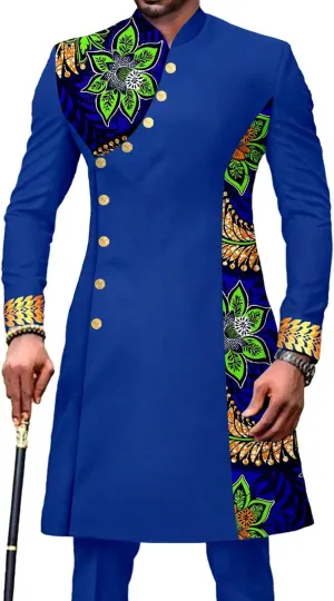 African Suit for Men Slim Fit Single Breasted Print Blazer and Pant 2 Piece Set Embroidery Wedding Attire