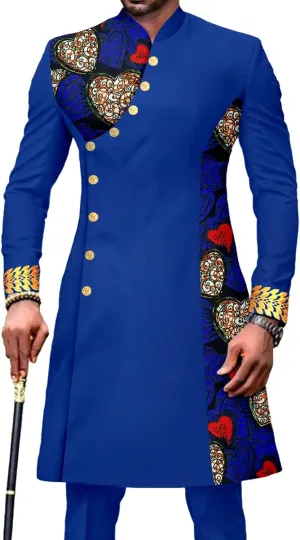 African Suit for Men Slim Fit Single Breasted Print Blazer and Pant 2 Piece Set Embroidery Wedding Attire
