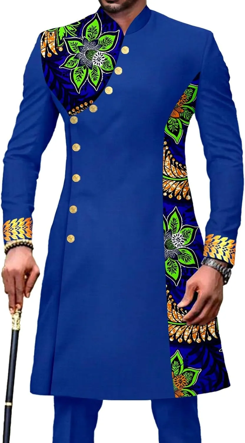 African Suit for Men Slim Fit Single Breasted Print Blazer and Pant 2 Piece Set Embroidery Wedding Attire