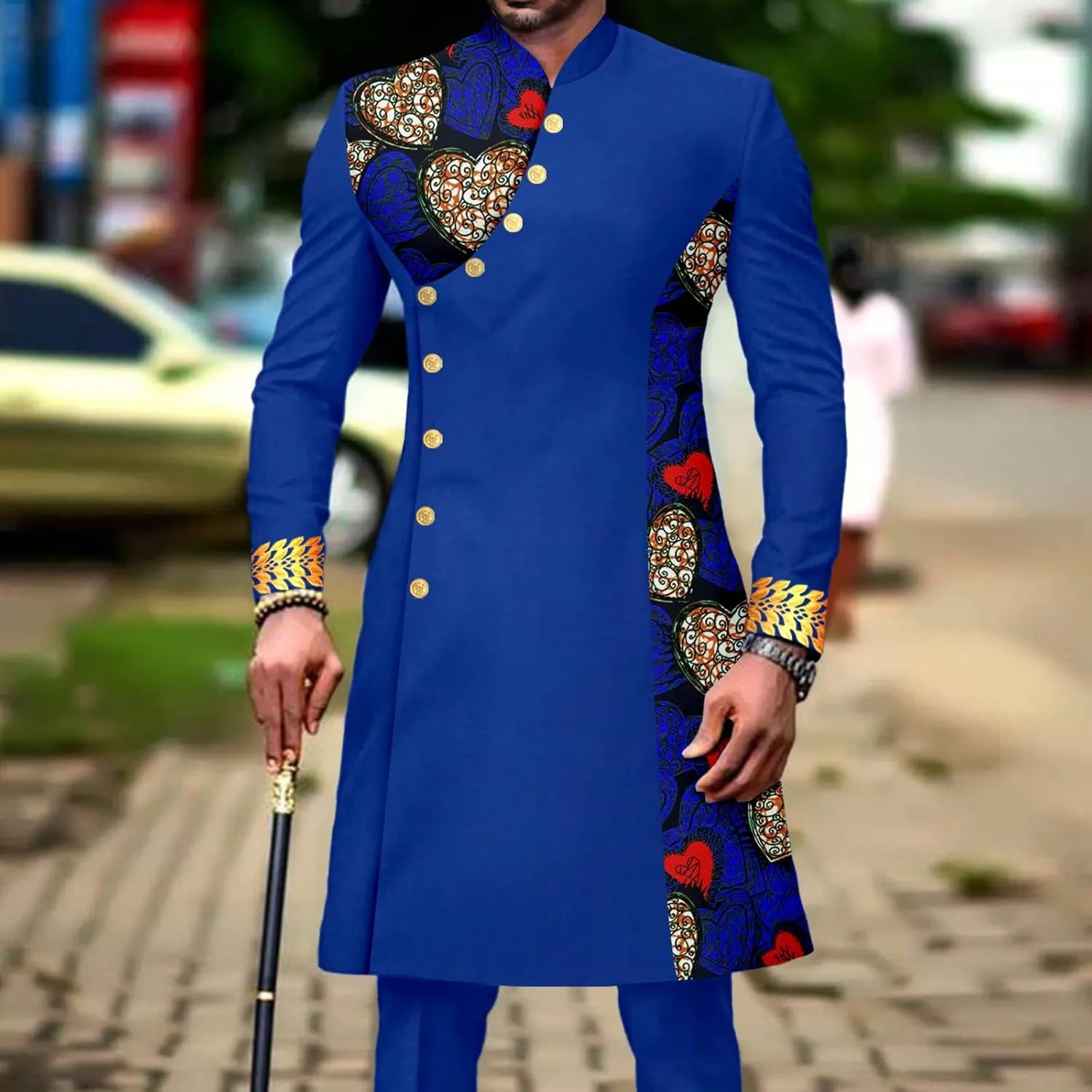 African Suit for Men Slim Fit Single Breasted Print Blazer and Pant 2 Piece Set Embroidery Wedding Attire