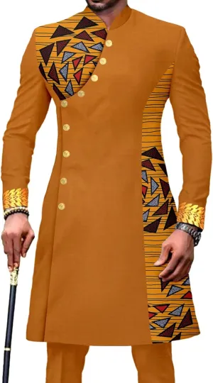 African Suit for Men Slim Fit Single Breasted Print Blazer and Pant 2 Piece Set Embroidery Wedding Attire