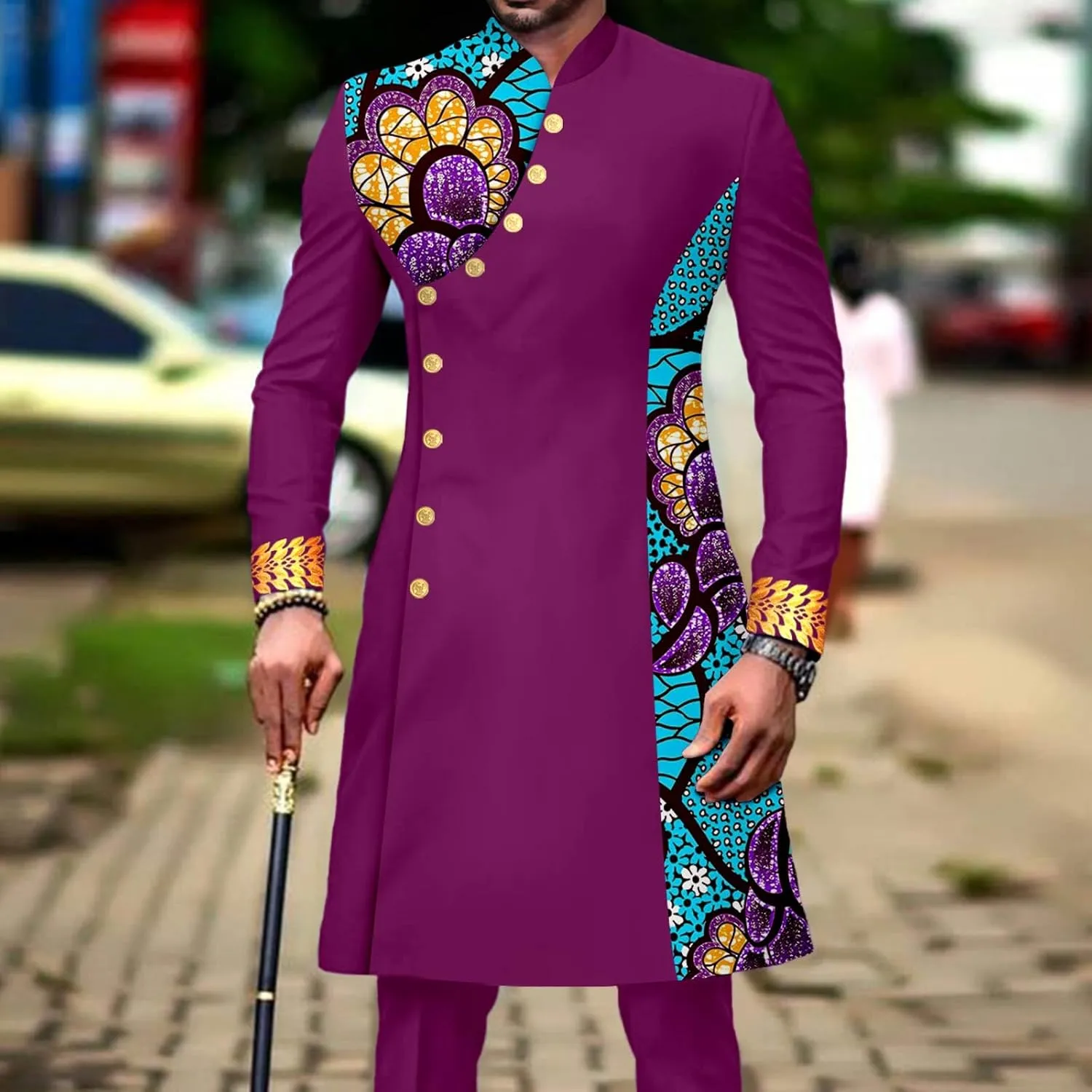 African Suit for Men Slim Fit Single Breasted Print Blazer and Pant 2 Piece Set Embroidery Wedding Attire