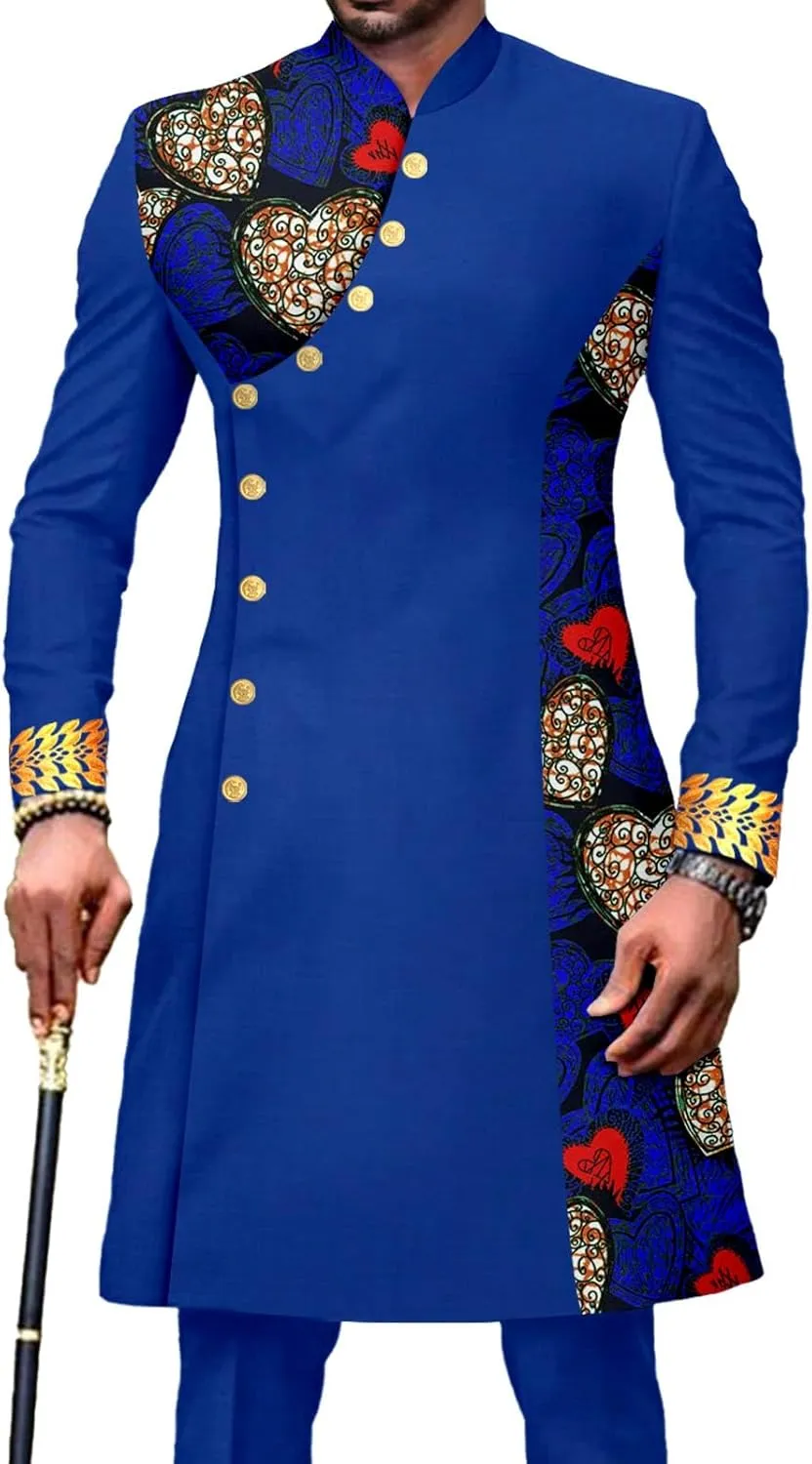 African Suit for Men Slim Fit Single Breasted Print Blazer and Pant 2 Piece Set Embroidery Wedding Attire