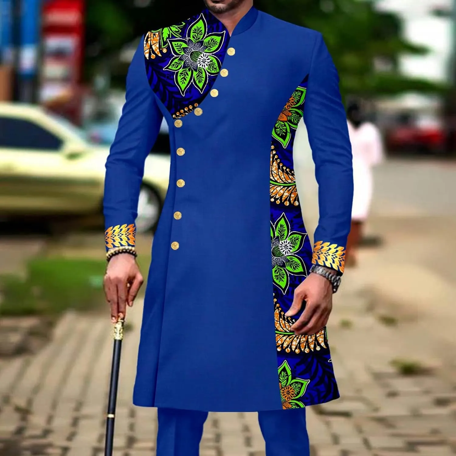 African Suit for Men Slim Fit Single Breasted Print Blazer and Pant 2 Piece Set Embroidery Wedding Attire