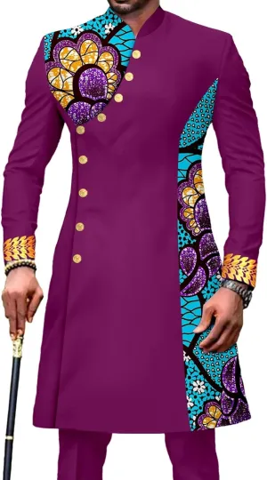 African Suit for Men Slim Fit Single Breasted Print Blazer and Pant 2 Piece Set Embroidery Wedding Attire