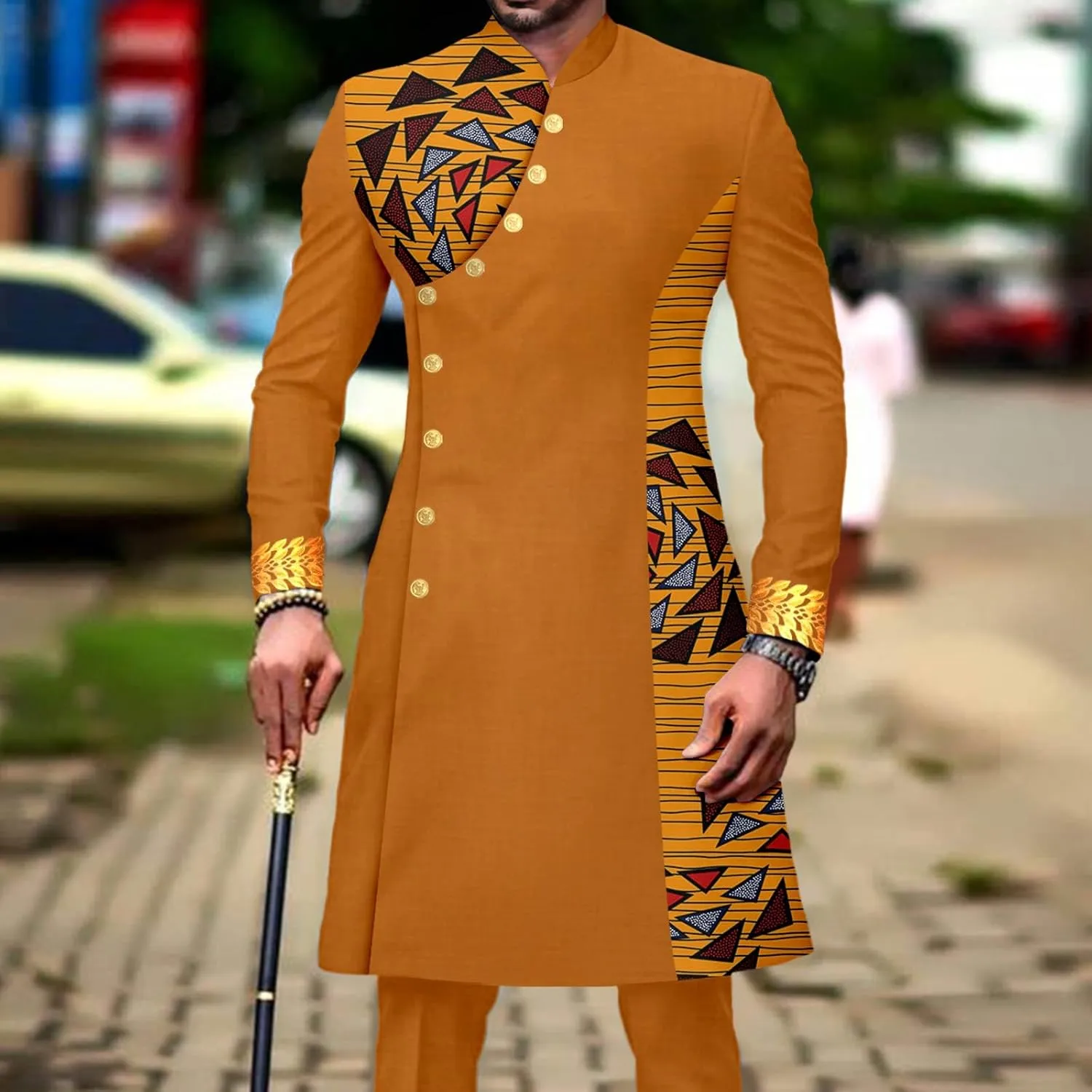 African Suit for Men Slim Fit Single Breasted Print Blazer and Pant 2 Piece Set Embroidery Wedding Attire