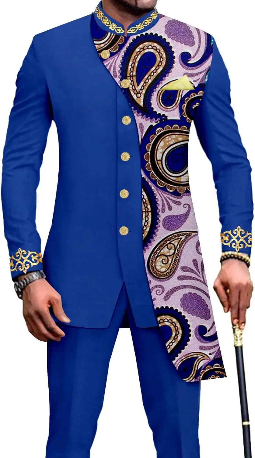 African Suits for Men Slim Fit Embroidery Single Breated Print Blazer and Pants Set Business Suit