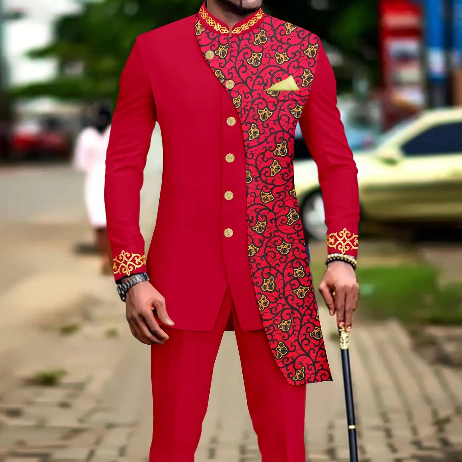 African Suits for Men Slim Fit Embroidery Single Breated Print Blazer and Pants Set Business Suit