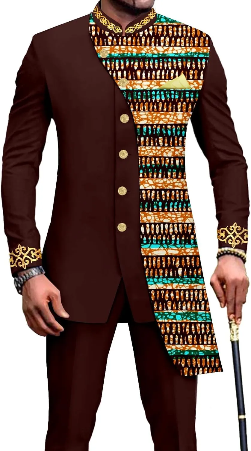 African Suits for Men Slim Fit Embroidery Single Breated Print Blazer and Pants Set Business Suit