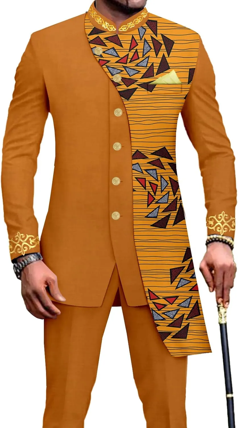 African Suits for Men Slim Fit Embroidery Single Breated Print Blazer and Pants Set Business Suit
