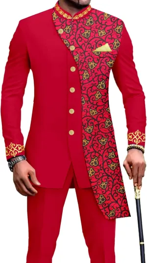 African Suits for Men Slim Fit Embroidery Single Breated Print Blazer and Pants Set Business Suit