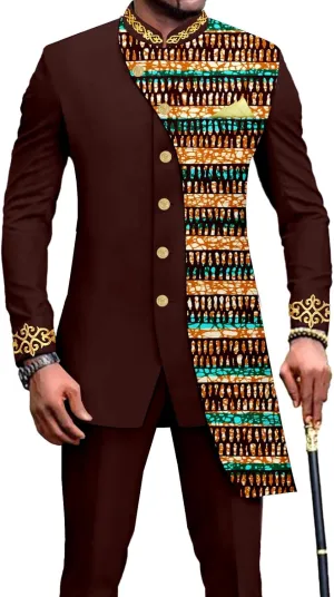 African Suits for Men Slim Fit Embroidery Single Breated Print Blazer and Pants Set Business Suit
