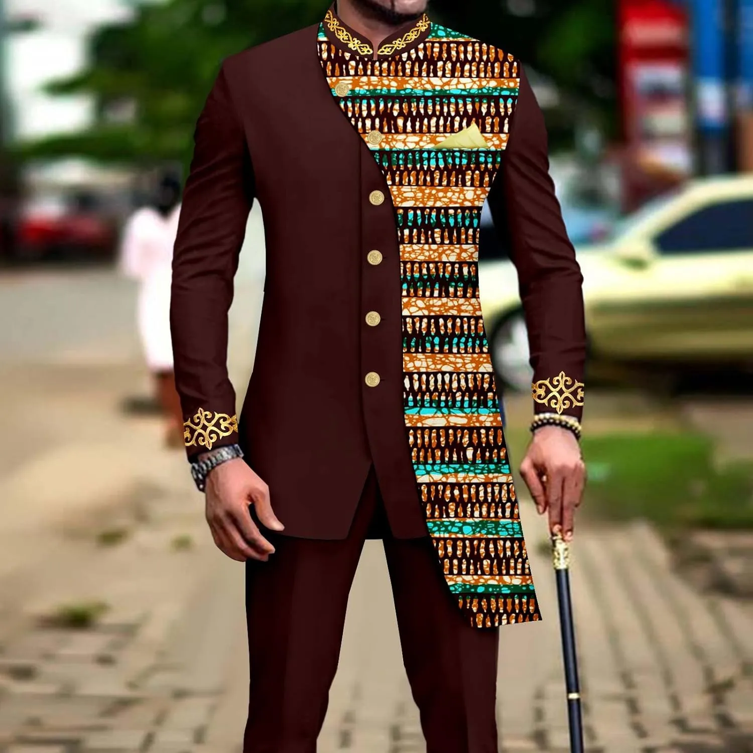 African Suits for Men Slim Fit Embroidery Single Breated Print Blazer and Pants Set Business Suit
