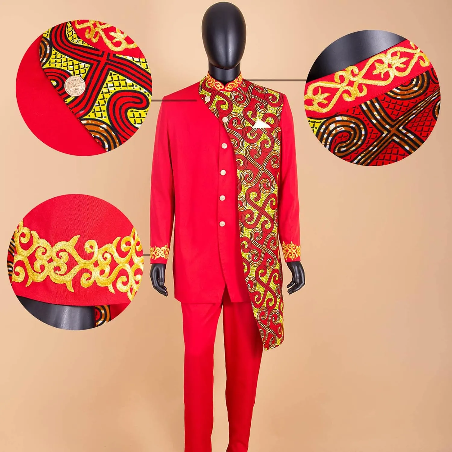 African Suits for Men Slim Fit Embroidery Single Breated Print Blazer and Pants Set Business Suit