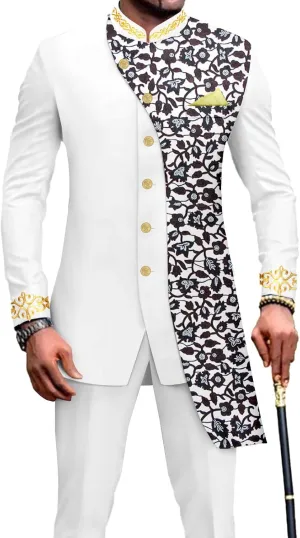 African Suits for Men Slim Fit Embroidery Single Breated Print Blazer and Pants Set Business Suit