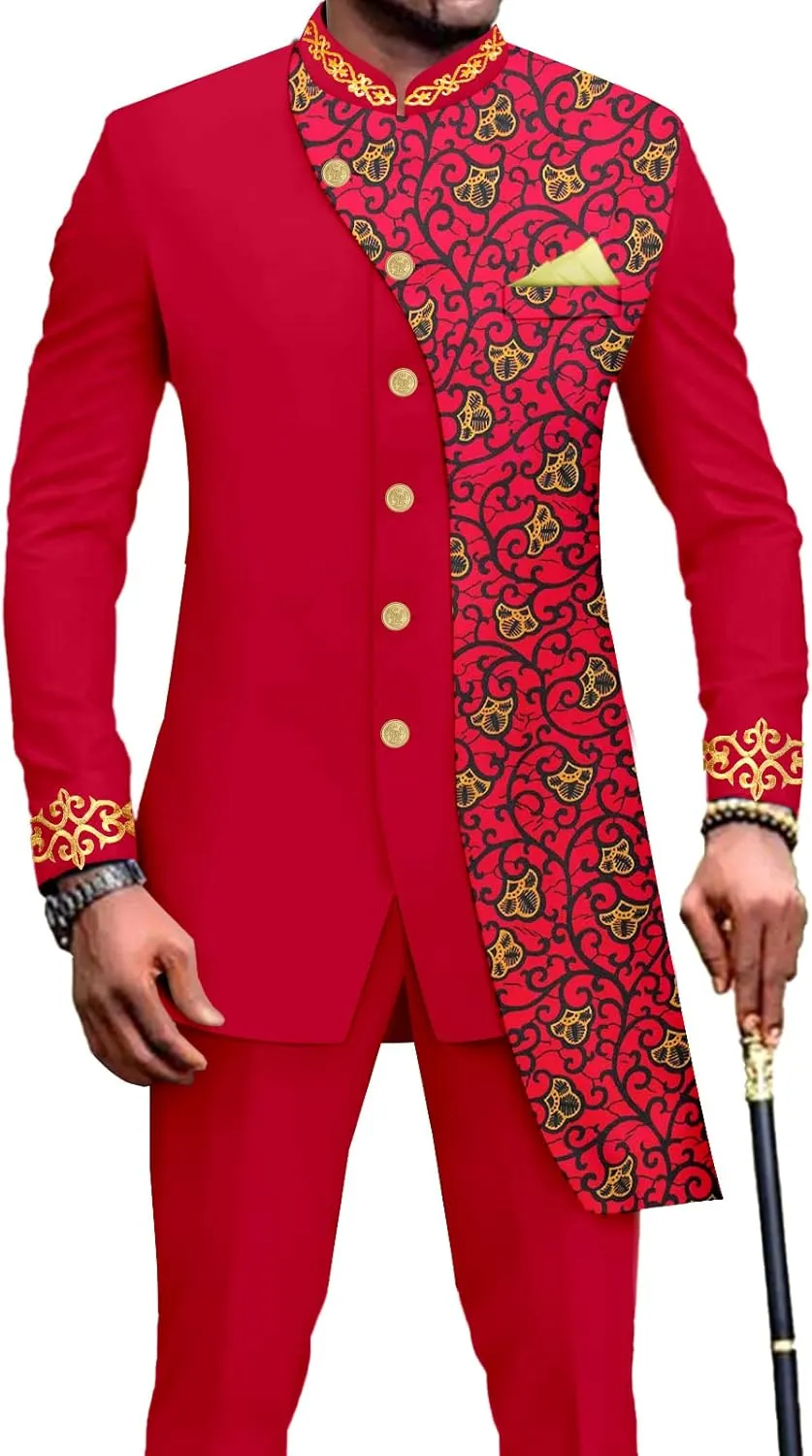 African Suits for Men Slim Fit Embroidery Single Breated Print Blazer and Pants Set Business Suit