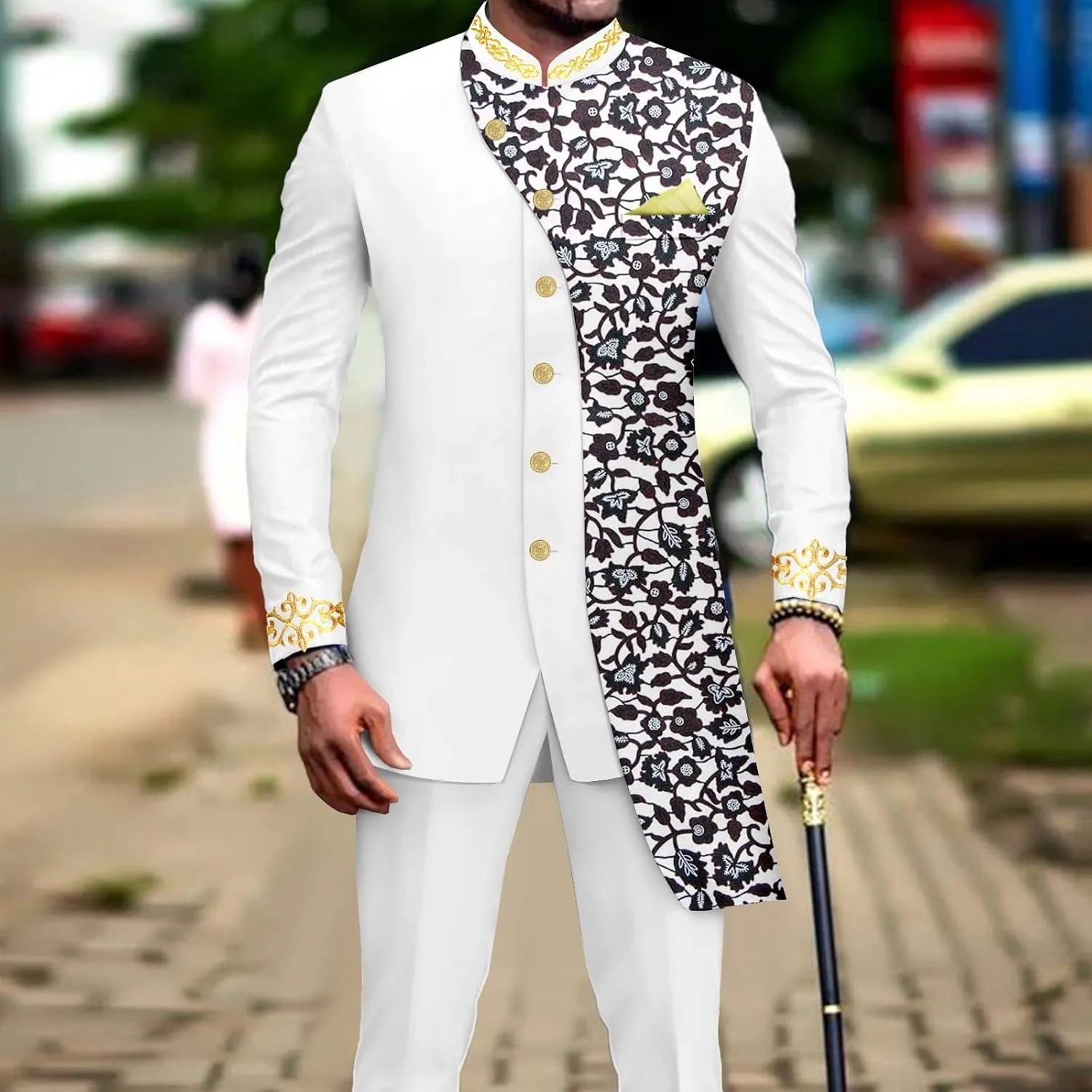 African Suits for Men Slim Fit Embroidery Single Breated Print Blazer and Pants Set Business Suit