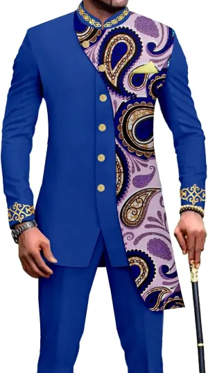 African Suits for Men Slim Fit Embroidery Single Breated Print Blazer and Pants Set Business Suit