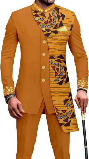 African Suits for Men Slim Fit Embroidery Single Breated Print Blazer and Pants Set Business Suit