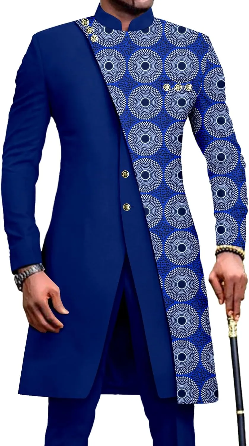 African Suits for Men Slim Fit Single Breasted Print Blazer and Pants Set Business Dress Suit
