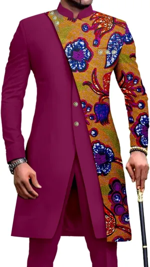 African Suits for Men Slim Fit Single Breasted Print Blazer and Pants Set Business Dress Suit