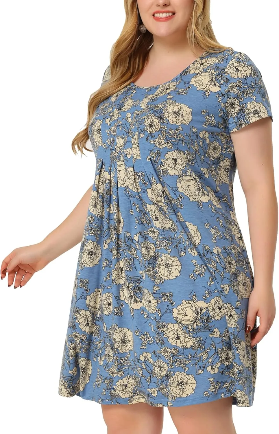 Agnes Orinda Plus Size Dresses for Women Short Sleeves Pleated Summer Beach Casual Loose Floral Dress