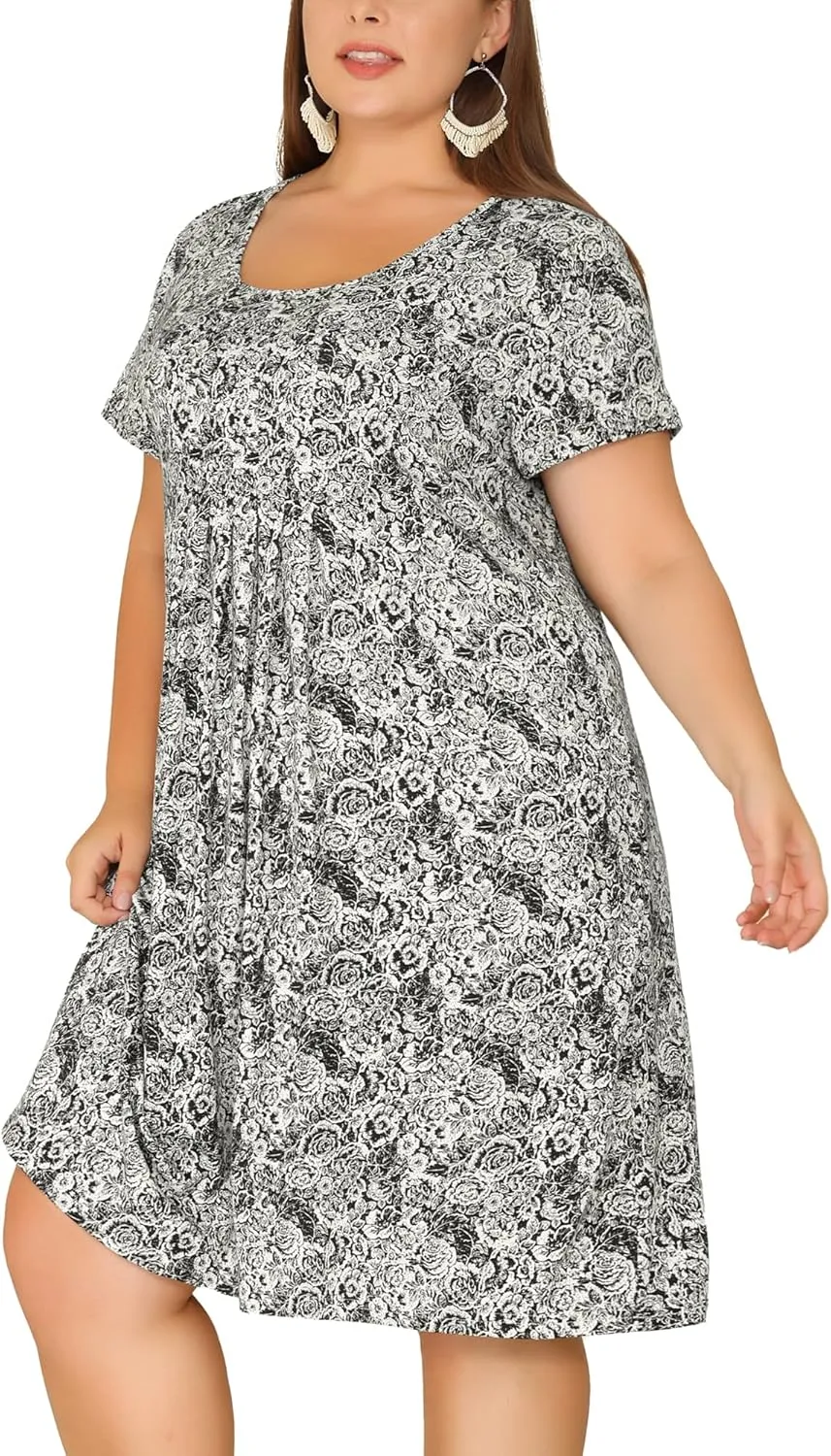 Agnes Orinda Plus Size Dresses for Women Short Sleeves Pleated Summer Beach Casual Loose Floral Dress