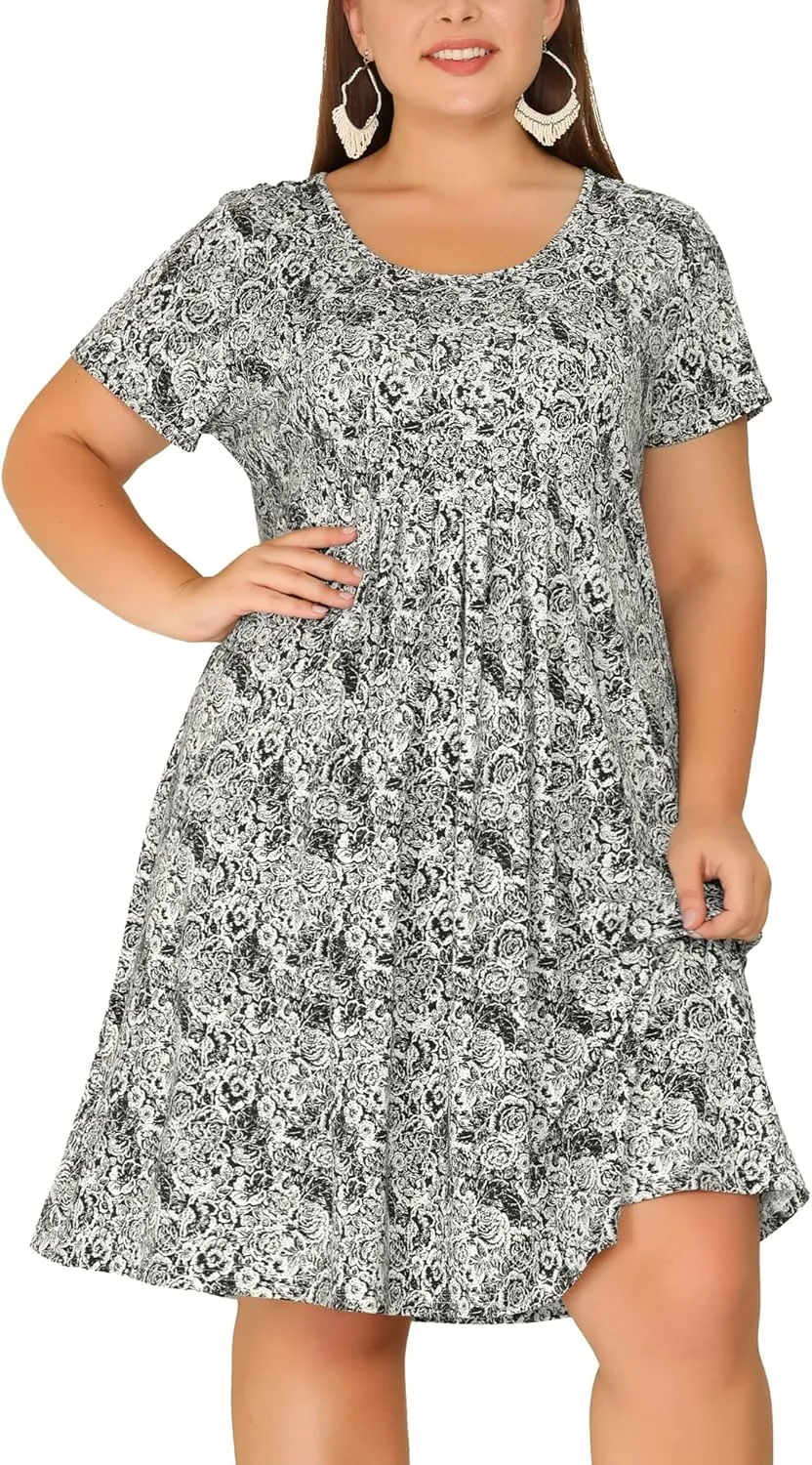 Agnes Orinda Plus Size Dresses for Women Short Sleeves Pleated Summer Beach Casual Loose Floral Dress
