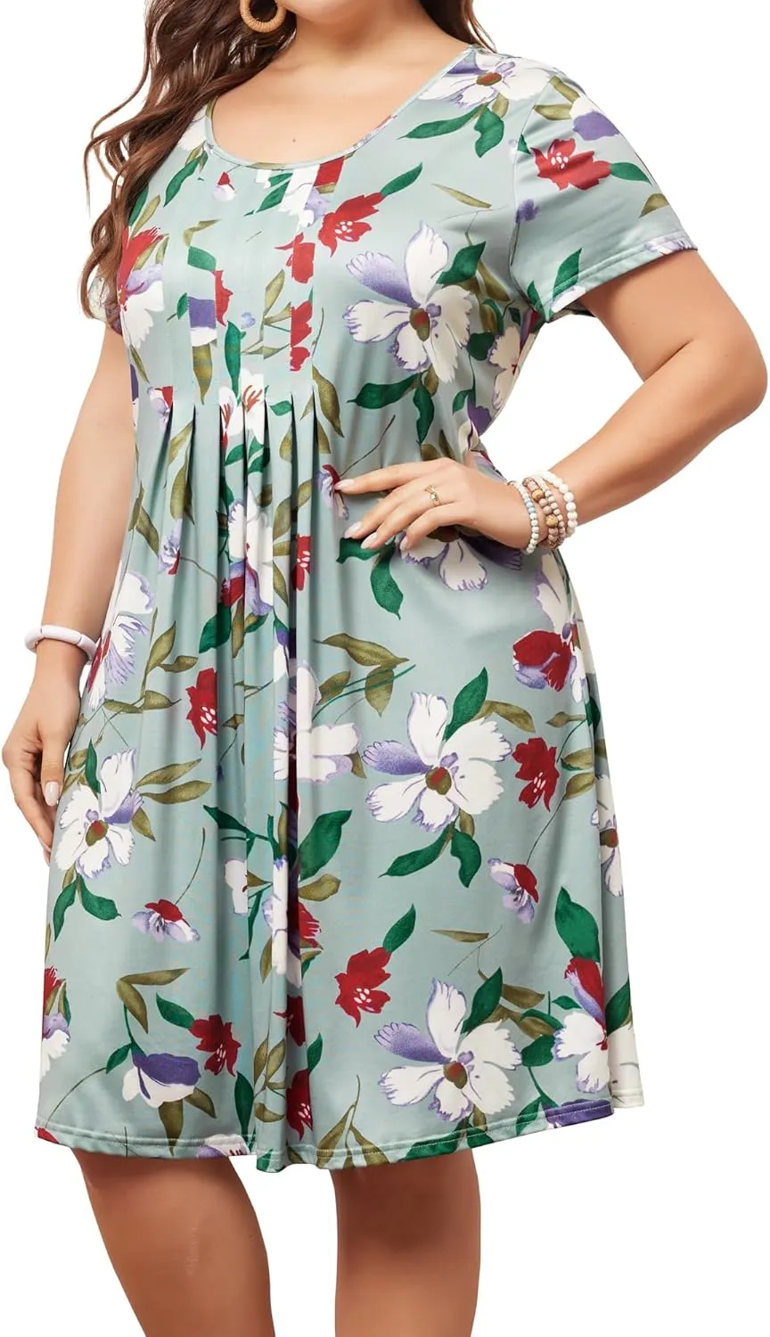 Agnes Orinda Plus Size Dresses for Women Short Sleeves Pleated Summer Beach Casual Loose Floral Dress