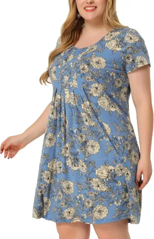 Agnes Orinda Plus Size Dresses for Women Short Sleeves Pleated Summer Beach Casual Loose Floral Dress