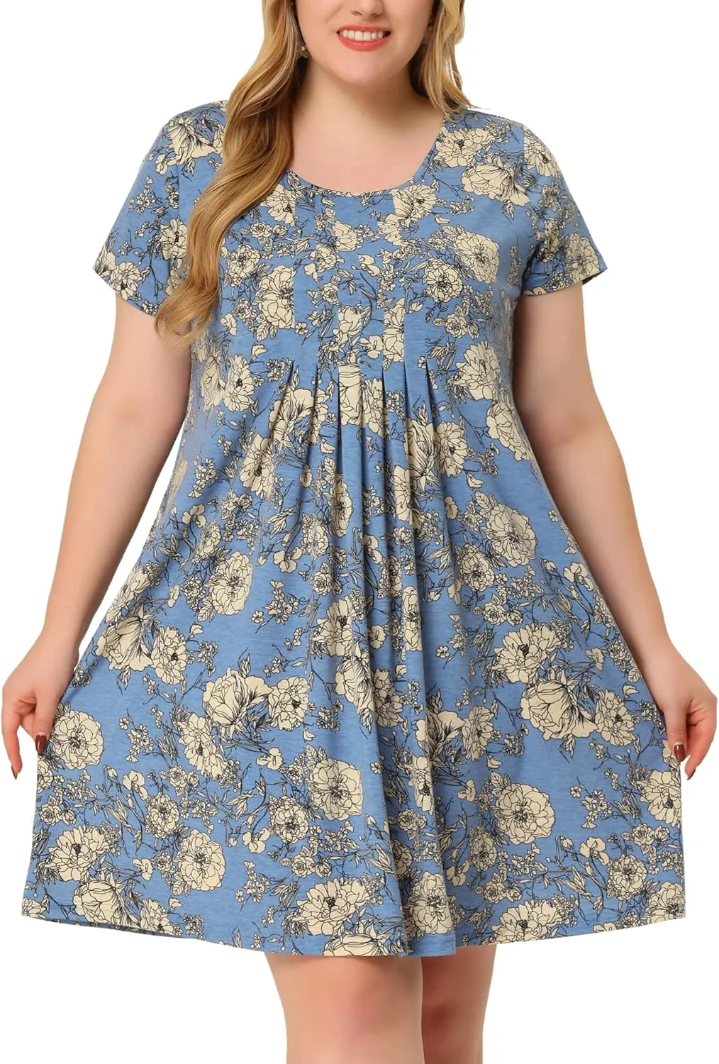 Agnes Orinda Plus Size Dresses for Women Short Sleeves Pleated Summer Beach Casual Loose Floral Dress