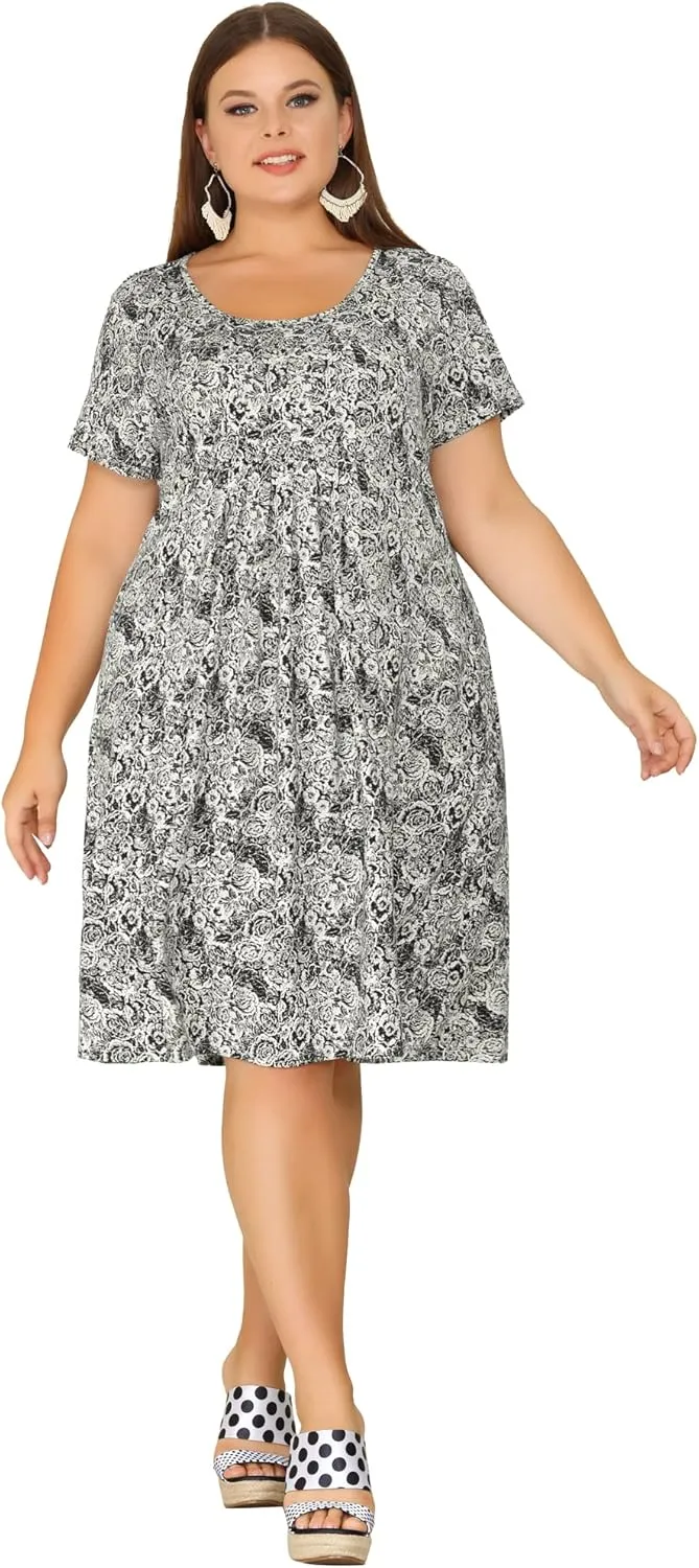 Agnes Orinda Plus Size Dresses for Women Short Sleeves Pleated Summer Beach Casual Loose Floral Dress
