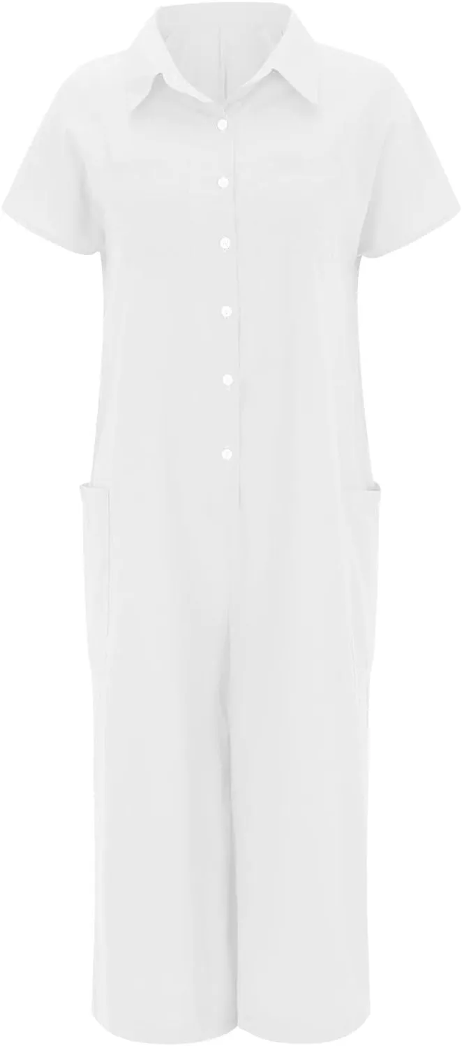 Akivide Wide Leg Jumpsuit for Women Casual Loose Linen Short Sleeve Button Down Plus Size Baggy Long Ropmer Pant with Pocket