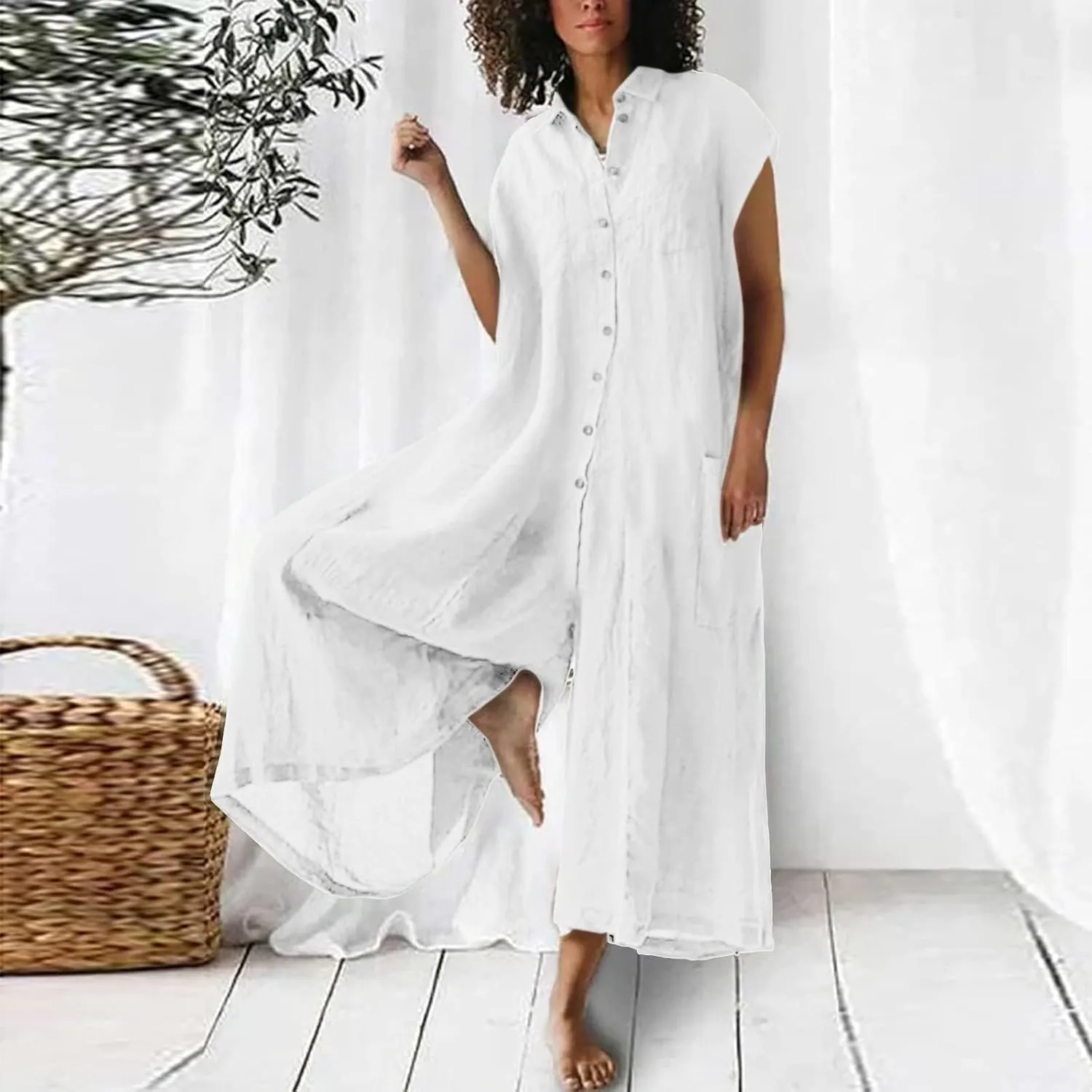 Akivide Wide Leg Jumpsuit for Women Casual Loose Linen Short Sleeve Button Down Plus Size Baggy Long Ropmer Pant with Pocket