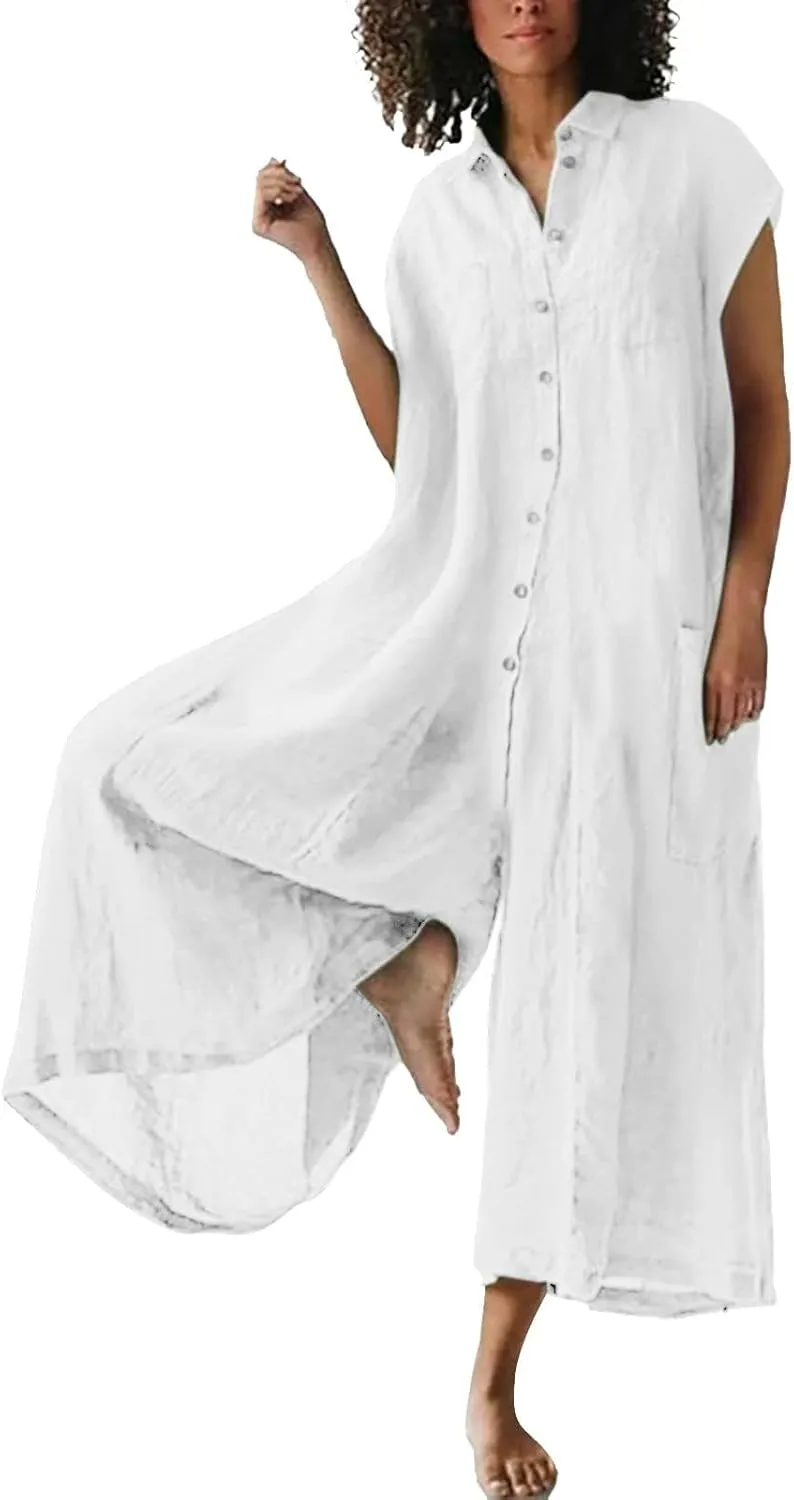 Akivide Wide Leg Jumpsuit for Women Casual Loose Linen Short Sleeve Button Down Plus Size Baggy Long Ropmer Pant with Pocket
