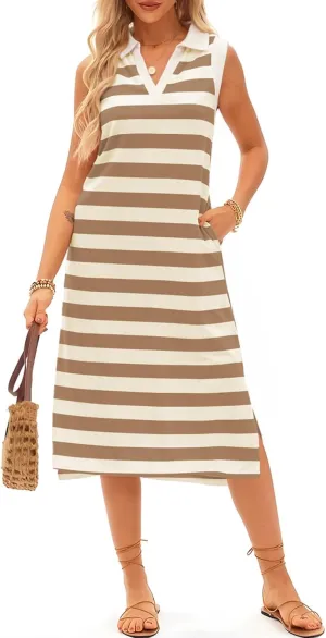 AlvaQ Womens Summer Dresses 2025 V Neck Sleeveless Casual Spring Cute Beach Striped Split Maxi Sundress with Pockets