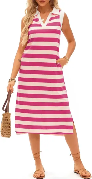 AlvaQ Womens Summer Dresses 2025 V Neck Sleeveless Casual Spring Cute Beach Striped Split Maxi Sundress with Pockets
