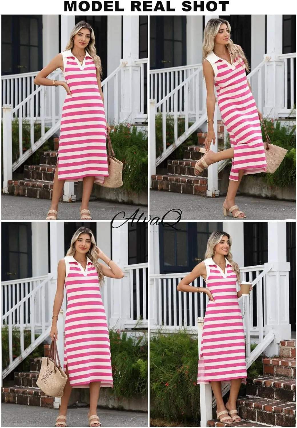 AlvaQ Womens Summer Dresses 2025 V Neck Sleeveless Casual Spring Cute Beach Striped Split Maxi Sundress with Pockets