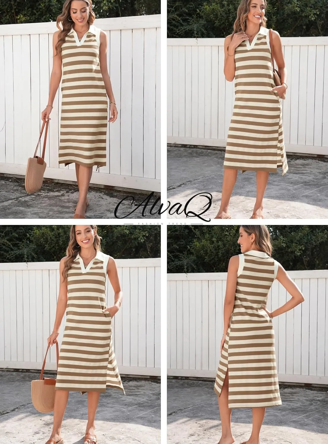 AlvaQ Womens Summer Dresses 2025 V Neck Sleeveless Casual Spring Cute Beach Striped Split Maxi Sundress with Pockets